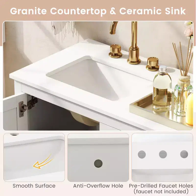Costway Bathroom Vanity Unit w/ Basin w/ Extra Wide Granite Countertop Ceramic Sink