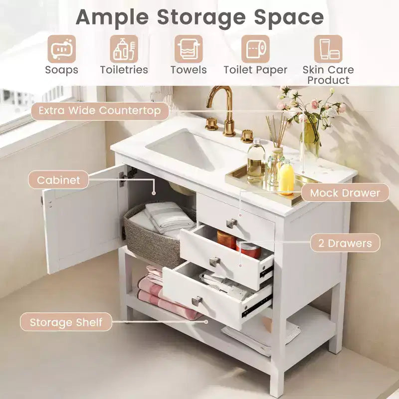 Costway Bathroom Vanity Unit w/ Basin w/ Extra Wide Granite Countertop Ceramic Sink