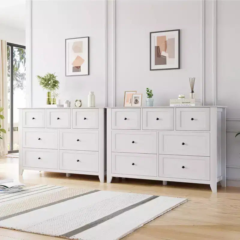 7 Drawer Dresser for Bedroom, 2pcs Wooden Chest with Deep Drawers, Metal Knobs, for Hallway, Entryway, Living Room, White