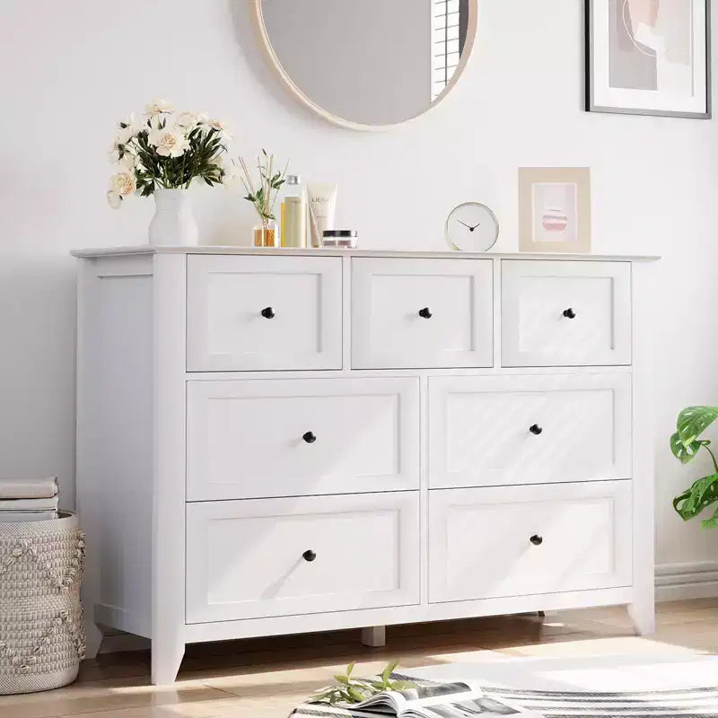 7 Drawer Dresser for Bedroom, 2pcs Wooden Chest with Deep Drawers, Metal Knobs, for Hallway, Entryway, Living Room, White
