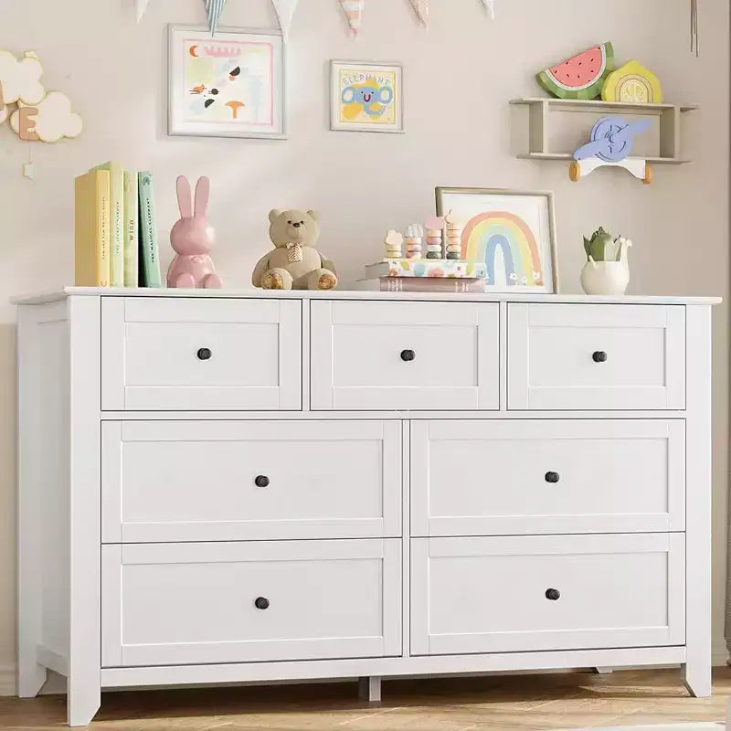 7 Drawer Dresser for Bedroom, 2pcs Wooden Chest with Deep Drawers, Metal Knobs, for Hallway, Entryway, Living Room, White