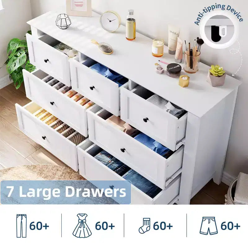 7 Drawer Dresser for Bedroom, 2pcs Wooden Chest with Deep Drawers, Metal Knobs, for Hallway, Entryway, Living Room, White