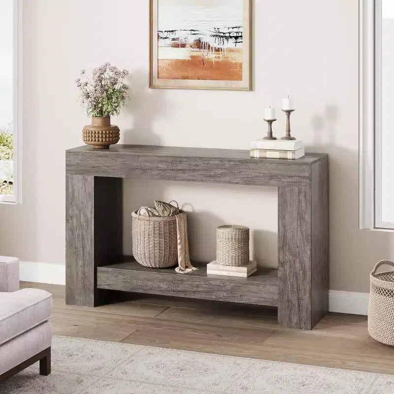 Long Farmhouse Console Table, 2-Tier Large Sofa Table with Storage for Living Room, Entryway & Hallway, Rustic Wood Entry Table for Entrance