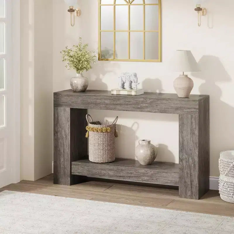 Long Farmhouse Console Table, 2-Tier Large Sofa Table with Storage for Living Room, Entryway & Hallway, Rustic Wood Entry Table for Entrance