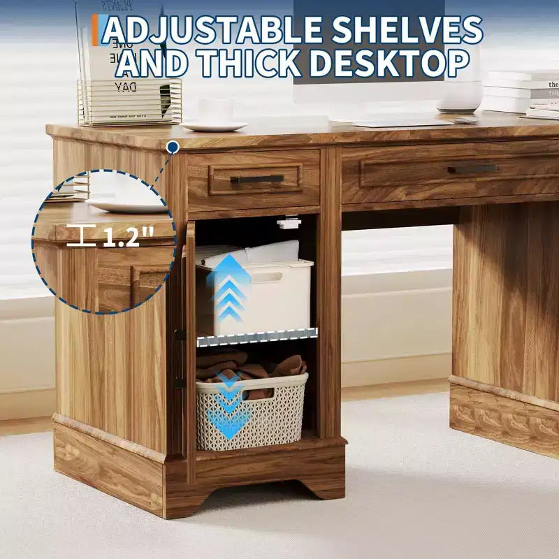 58 Wide Wooden Desk with File Cabinet & Storage Drawers - Multi-Functional Computer Table for Bedroom, Game Room & Office