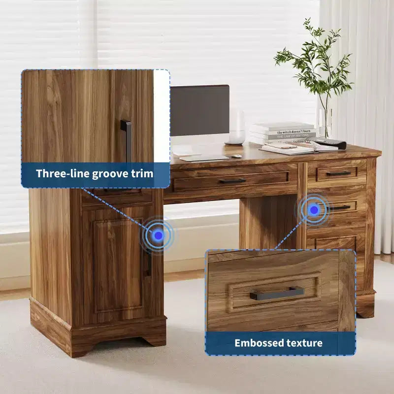 58 Wide Wooden Desk with File Cabinet & Storage Drawers - Multi-Functional Computer Table for Bedroom, Game Room & Office