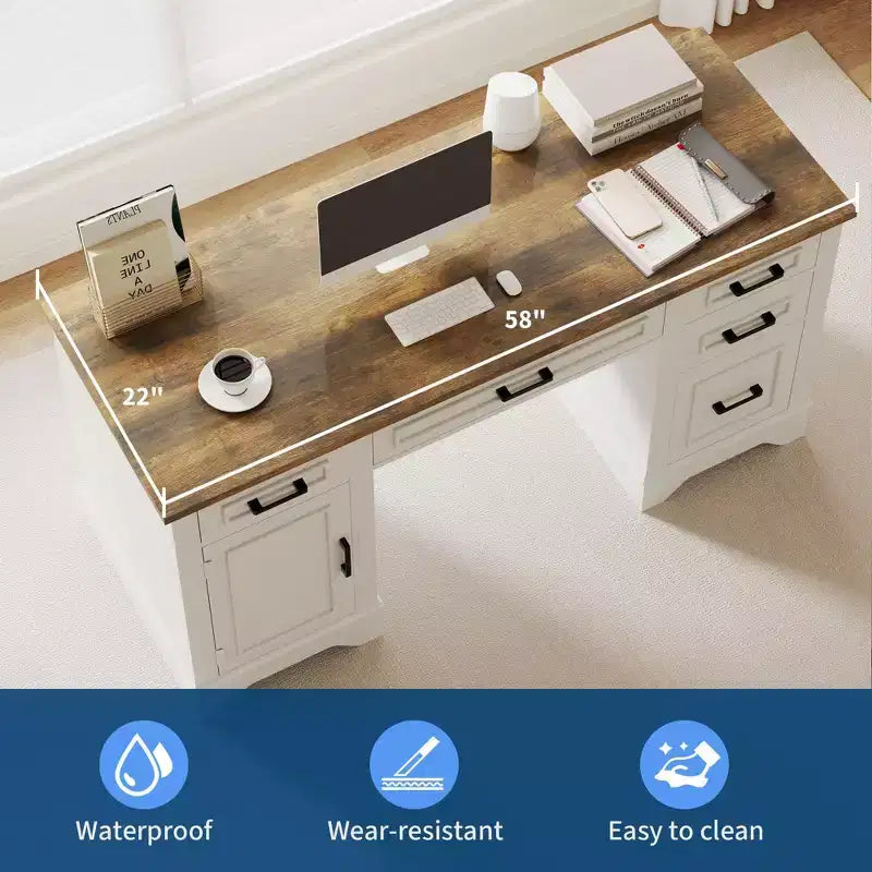 58 Wide Wooden Desk with File Cabinet & Storage Drawers - Multi-Functional Computer Table for Bedroom, Game Room & Office