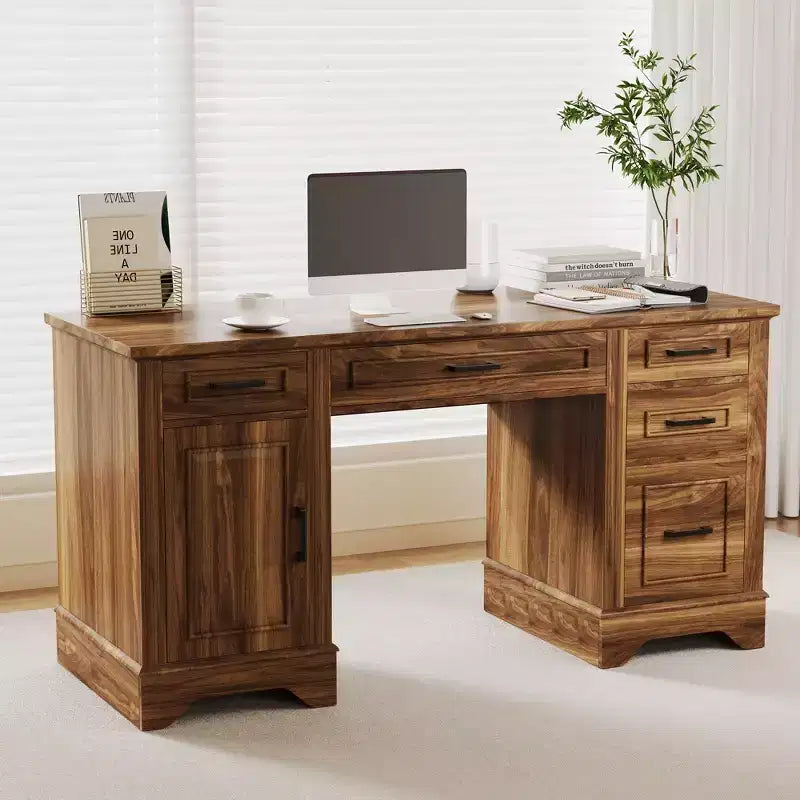 58 Wide Wooden Desk with File Cabinet & Storage Drawers - Multi-Functional Computer Table for Bedroom, Game Room & Office