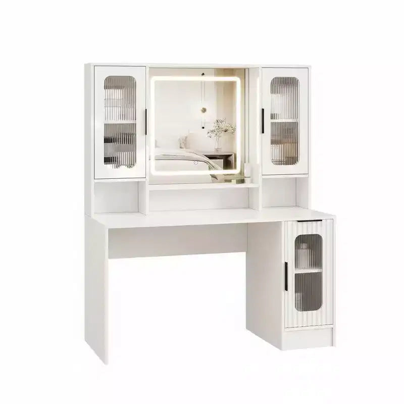 Coiffeuse moderne Acekool avec miroir, 2 armoires en verre et 3 tiroirs pour chambre à coucher