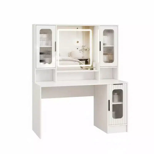 Coiffeuse moderne Acekool avec miroir, 2 armoires en verre et 3 tiroirs pour chambre à coucher
