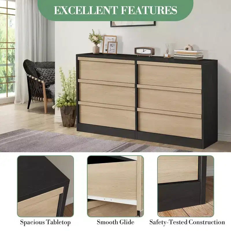 Modern 6-Drawer Chest, Large Storage Organizer with Smooth-Glide Drawers, Sturdy Design for Bedroom, Living Room, Entryway