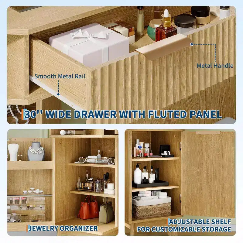 Corner Vanity Desk with Glass Top, Modern Fluted Makeup Table with Mirror & Chair, Space-Saving for Bedroom