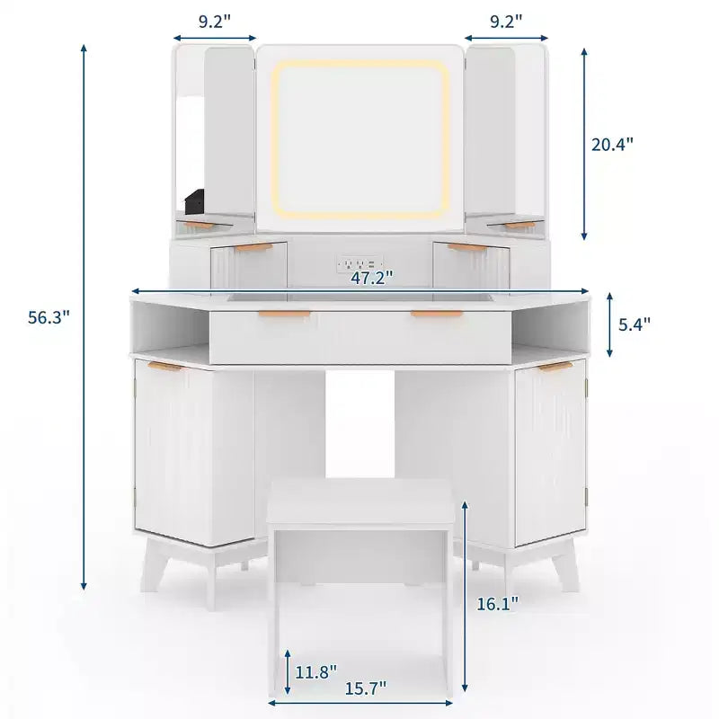 Corner Vanity Desk with Glass Top, Modern Fluted Makeup Table with Mirror & Chair, Space-Saving for Bedroom