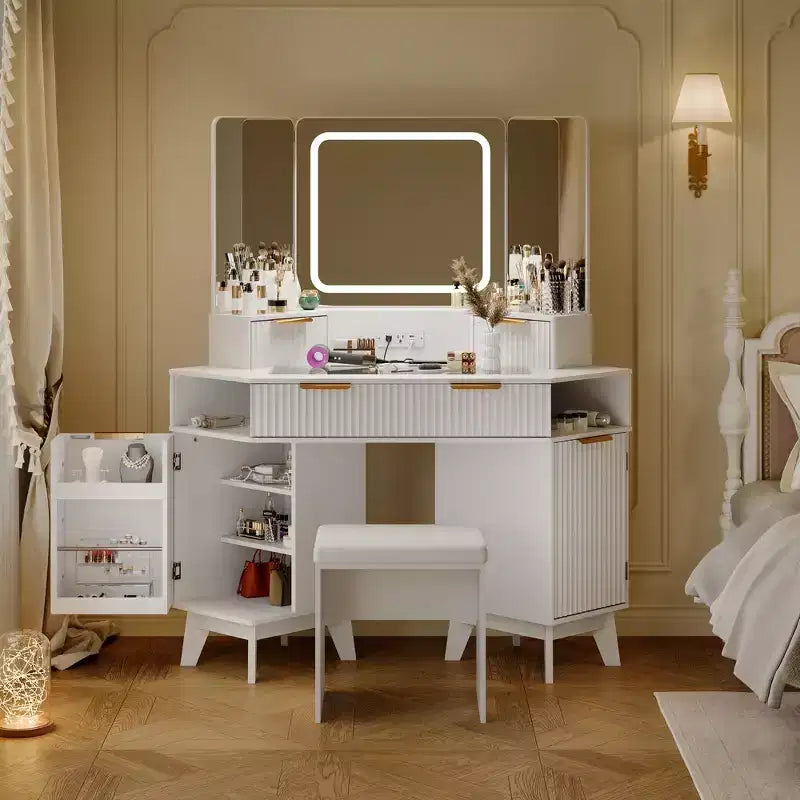 Coiffeuse d'Angle avec Plateau en Verre, Table de Maquillage Moderne Cannelée avec Miroir et Chaise, Gain de Place pour Chambre à Coucher