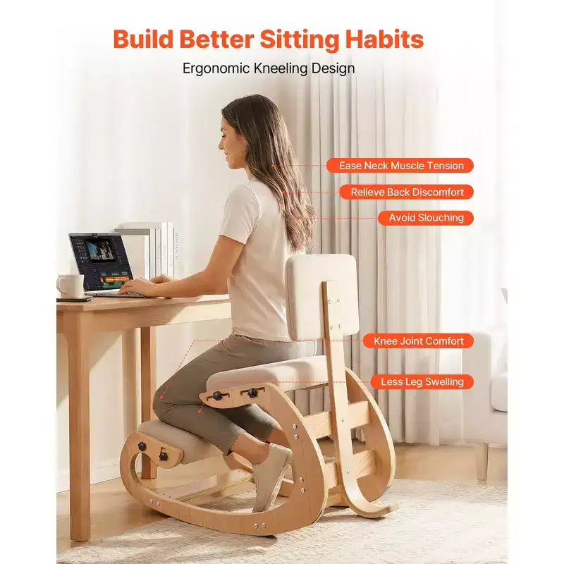 VEVOR Ergonomic Kneeling Chair, Wooden Posture Knee Chair with Adjustable Thick Foam Cushions, Backrest and Wood Frame, Adjustable Height, Off-white