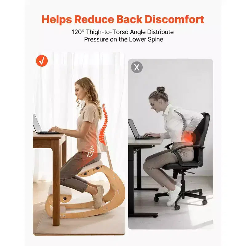 VEVOR Ergonomic Kneeling Chair, Wooden Posture Knee Chair with Adjustable Thick Foam Cushions, Backrest and Wood Frame, Adjustable Height, Off-white