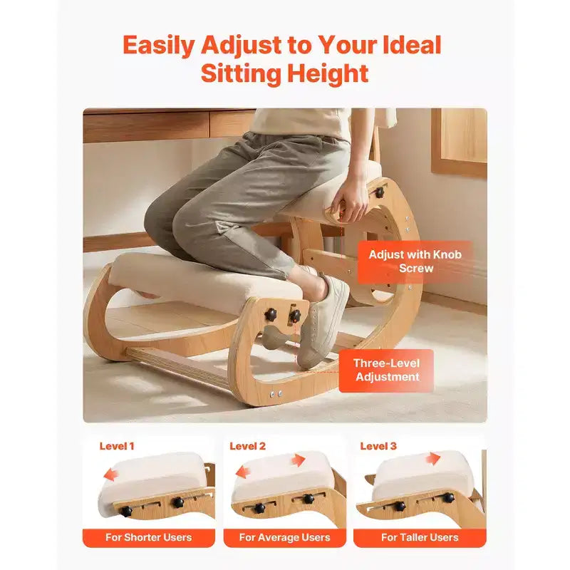 VEVOR Ergonomic Kneeling Chair, Wooden Posture Knee Chair with Adjustable Thick Foam Cushions, Backrest and Wood Frame, Adjustable Height, Off-white