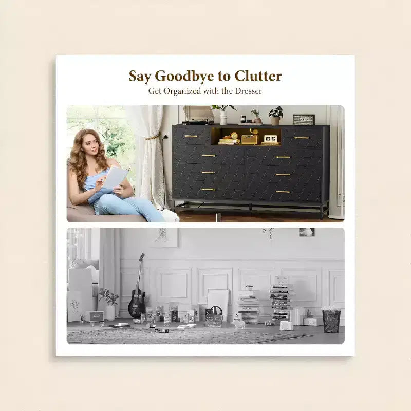 8 Drawer Dresser TV Cabinet with Charging Station & LED Lights, Modern Black Accent Chest for Bedrooms/Living Rooms/Apartments
