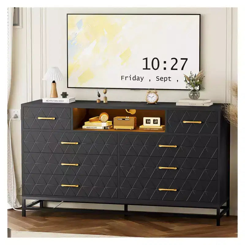 8 Drawer Dresser TV Cabinet with Charging Station & LED Lights, Modern Black Accent Chest for Bedrooms/Living Rooms/Apartments