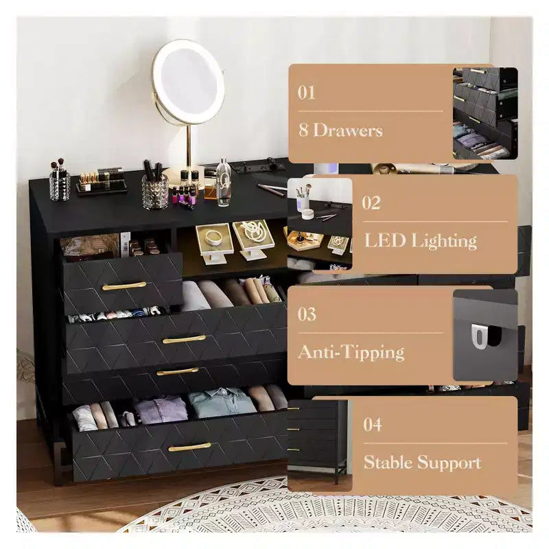8 Drawer Dresser TV Cabinet with Charging Station & LED Lights, Modern Black Accent Chest for Bedrooms/Living Rooms/Apartments