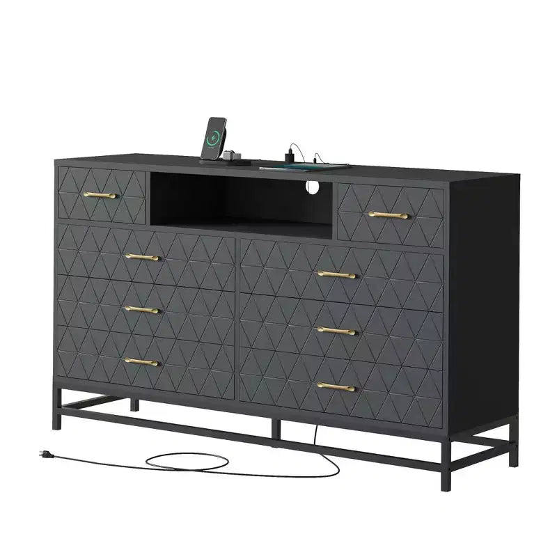 8 Drawer Dresser TV Cabinet with Charging Station & LED Lights, Modern Black Accent Chest for Bedrooms/Living Rooms/Apartments