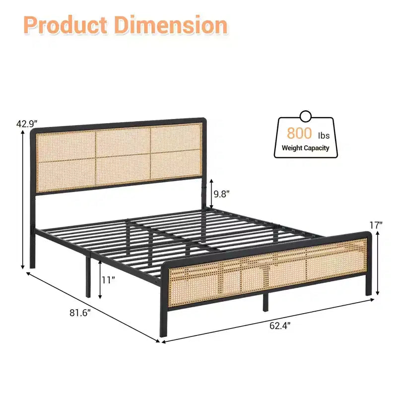Queen Rattan Bed Frame with LED Light & Storage, Boho Woven Headboard Platform Bed, No Box Spring Needed for Queen Size Mattress
