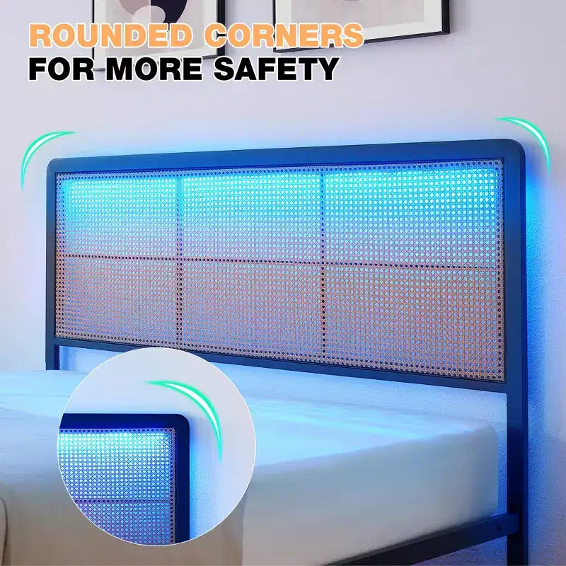 Queen Rattan Bed Frame with LED Light & Storage, Boho Woven Headboard Platform Bed, No Box Spring Needed for Queen Size Mattress