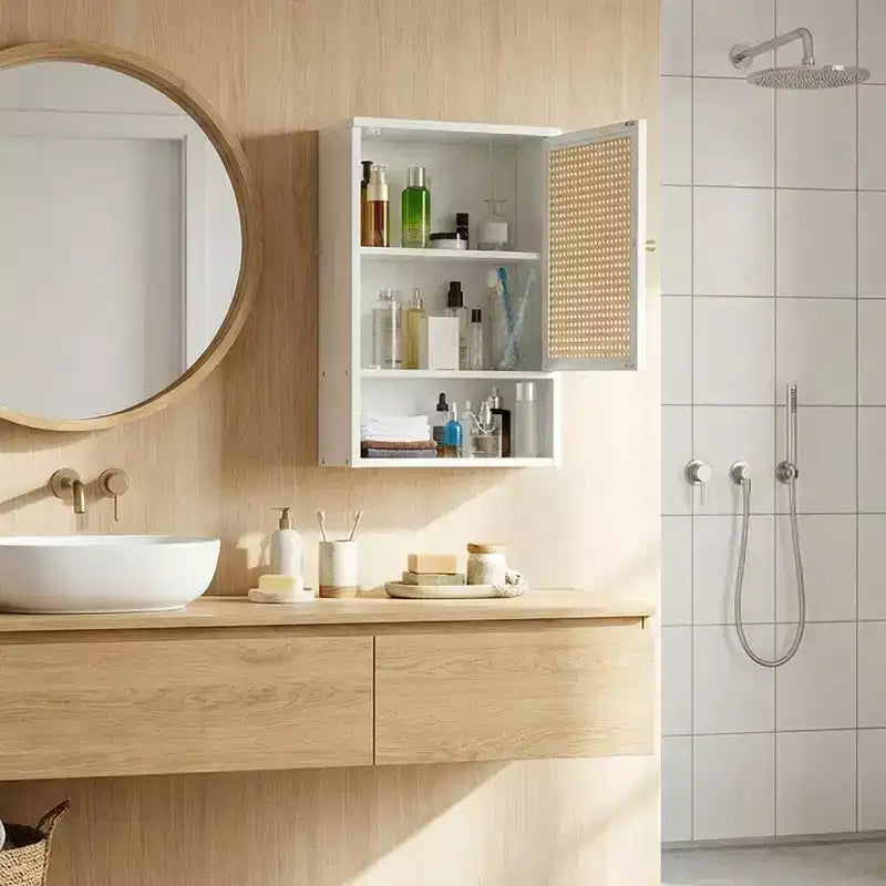 Wall Mount Bamboo Bathroom Cabinet Over Toilet Medicine Cabinet with Rattan Doors Adjustable Shelf Hanging Storage for Kitchen Laundry Living Room