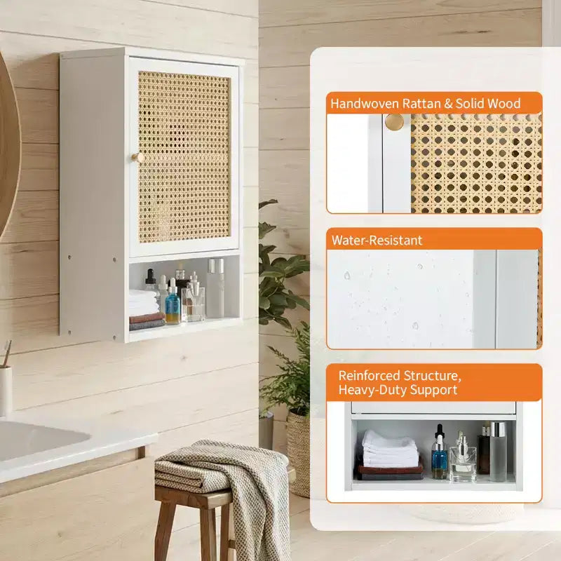 Wall Mount Bamboo Bathroom Cabinet Over Toilet Medicine Cabinet with Rattan Doors Adjustable Shelf Hanging Storage for Kitchen Laundry Living Room
