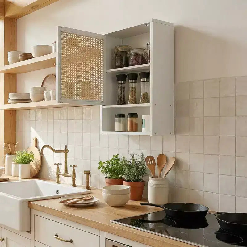 Wall Mount Bamboo Bathroom Cabinet Over Toilet Medicine Cabinet with Rattan Doors Adjustable Shelf Hanging Storage for Kitchen Laundry Living Room