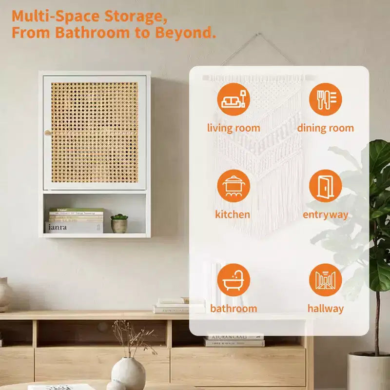 Wall Mount Bamboo Bathroom Cabinet Over Toilet Medicine Cabinet with Rattan Doors Adjustable Shelf Hanging Storage for Kitchen Laundry Living Room