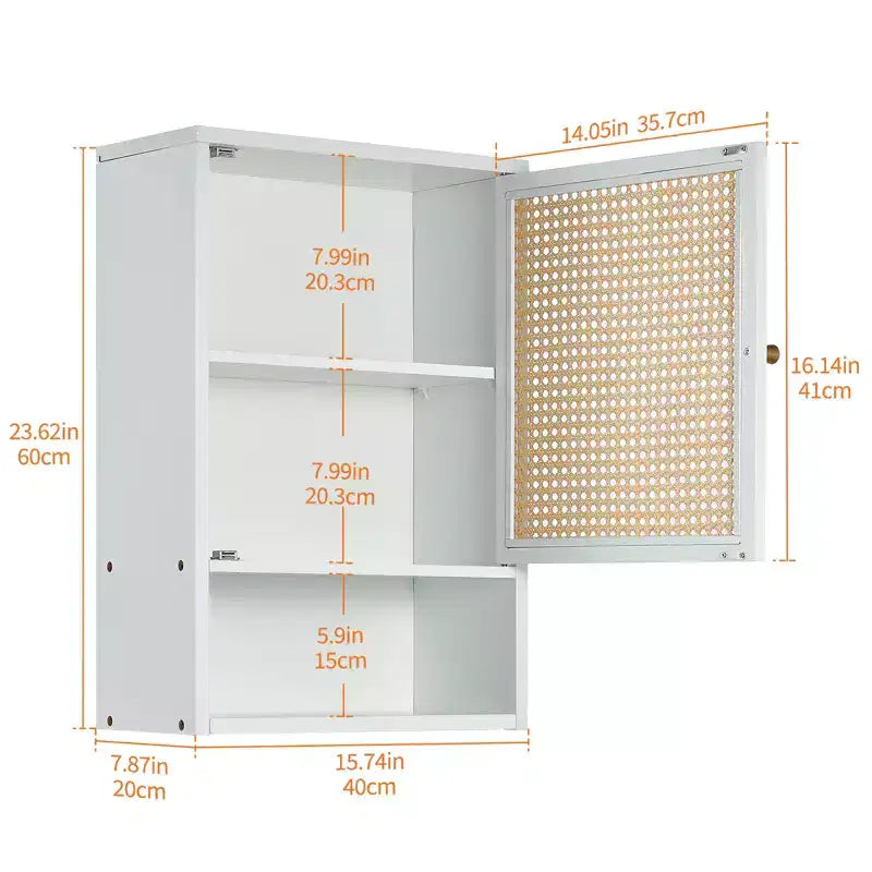 Wall Mount Bamboo Bathroom Cabinet Over Toilet Medicine Cabinet with Rattan Doors Adjustable Shelf Hanging Storage for Kitchen Laundry Living Room