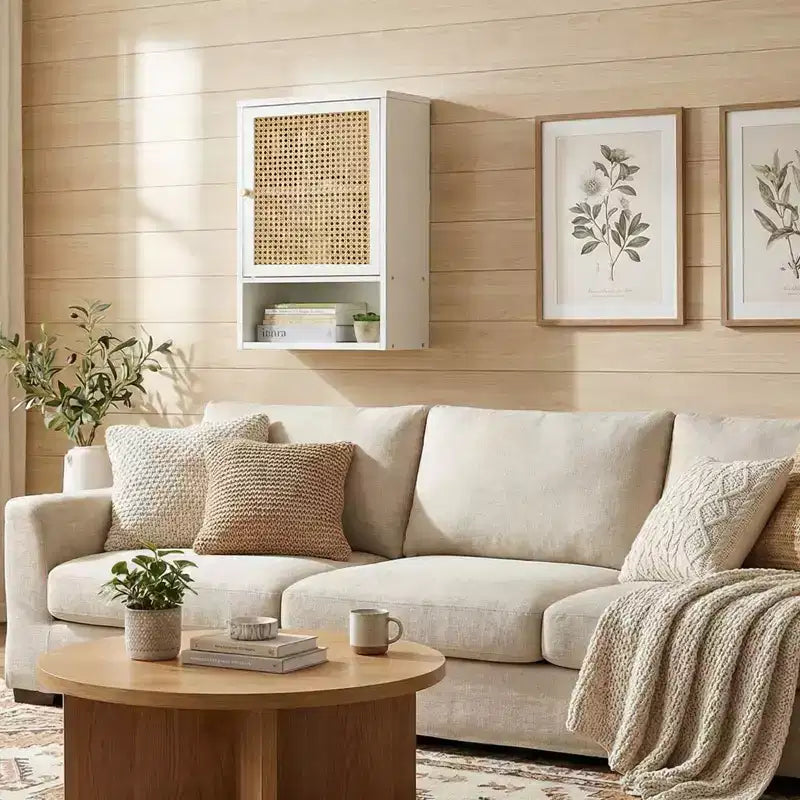 Wall Mount Bamboo Bathroom Cabinet Over Toilet Medicine Cabinet with Rattan Doors Adjustable Shelf Hanging Storage for Kitchen Laundry Living Room