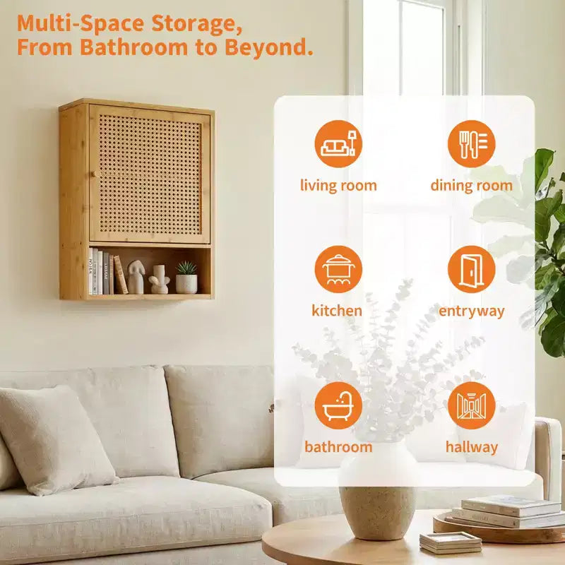 Wall Mount Bamboo Bathroom Cabinet Over Toilet Medicine Cabinet with Rattan Doors Adjustable Shelf Hanging Storage for Kitchen Laundry Living Room