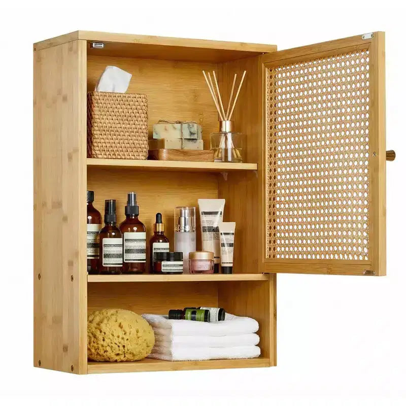 Wall Mount Bamboo Bathroom Cabinet Over Toilet Medicine Cabinet with Rattan Doors Adjustable Shelf Hanging Storage for Kitchen Laundry Living Room