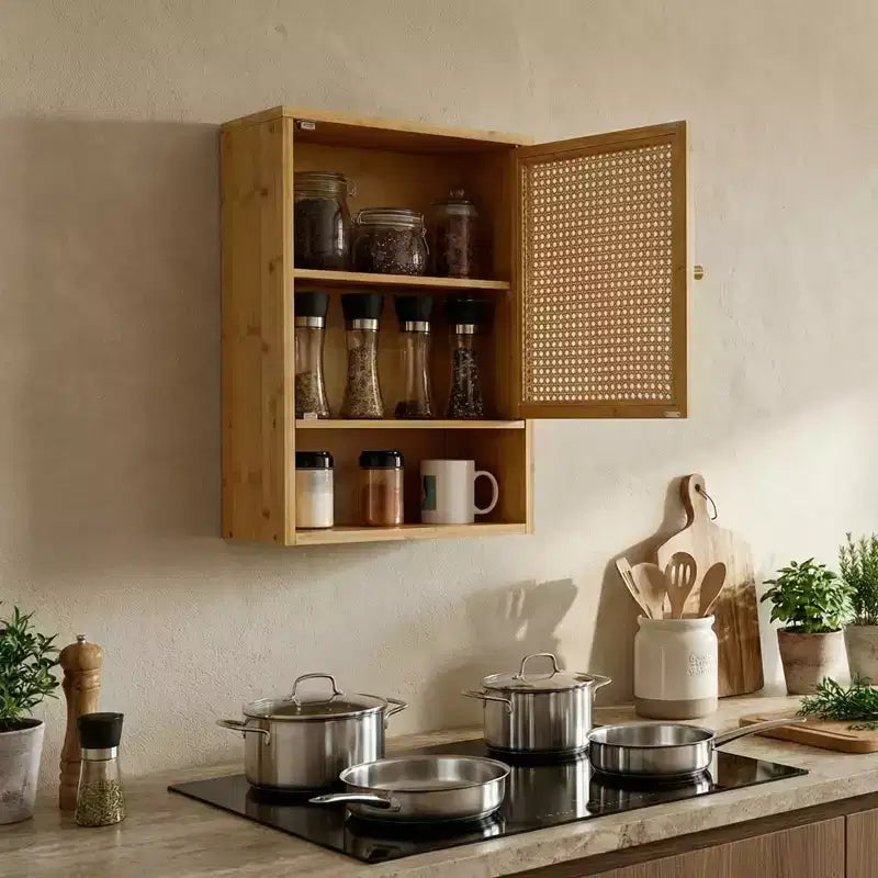 Wall Mount Bamboo Bathroom Cabinet Over Toilet Medicine Cabinet with Rattan Doors Adjustable Shelf Hanging Storage for Kitchen Laundry Living Room