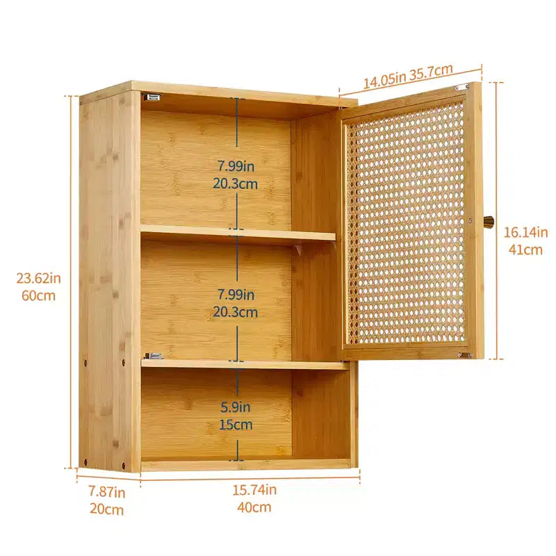 Wall Mount Bamboo Bathroom Cabinet Over Toilet Medicine Cabinet with Rattan Doors Adjustable Shelf Hanging Storage for Kitchen Laundry Living Room