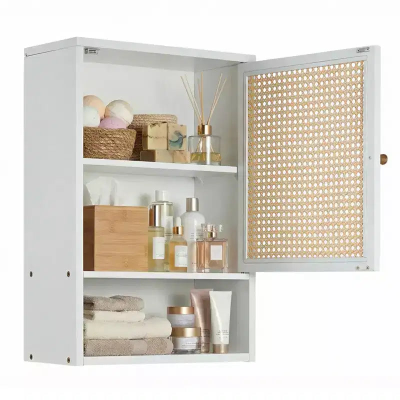 Meuble de salle de bain mural en bambou au-dessus des toilettes, armoire à pharmacie avec portes en rotin, étagère réglable, rangement suspendu pour cuisine, buanderie, salon