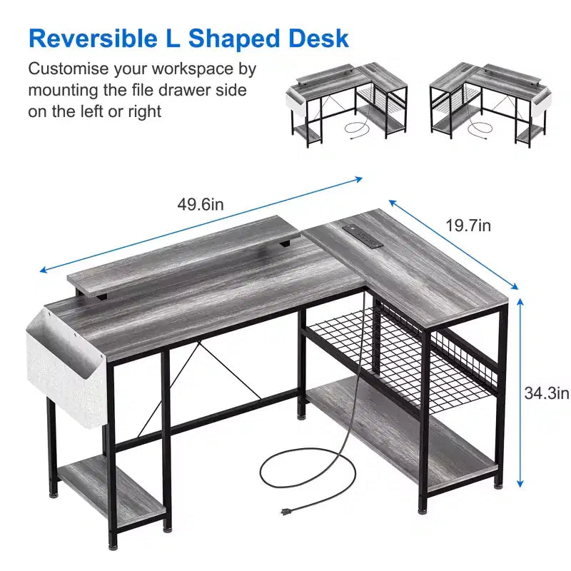 L Shaped Corner Gaming Desk with Lights, Power Outlet & Storage, Small Computer Desk with Monitor Stand & Storage Shelves