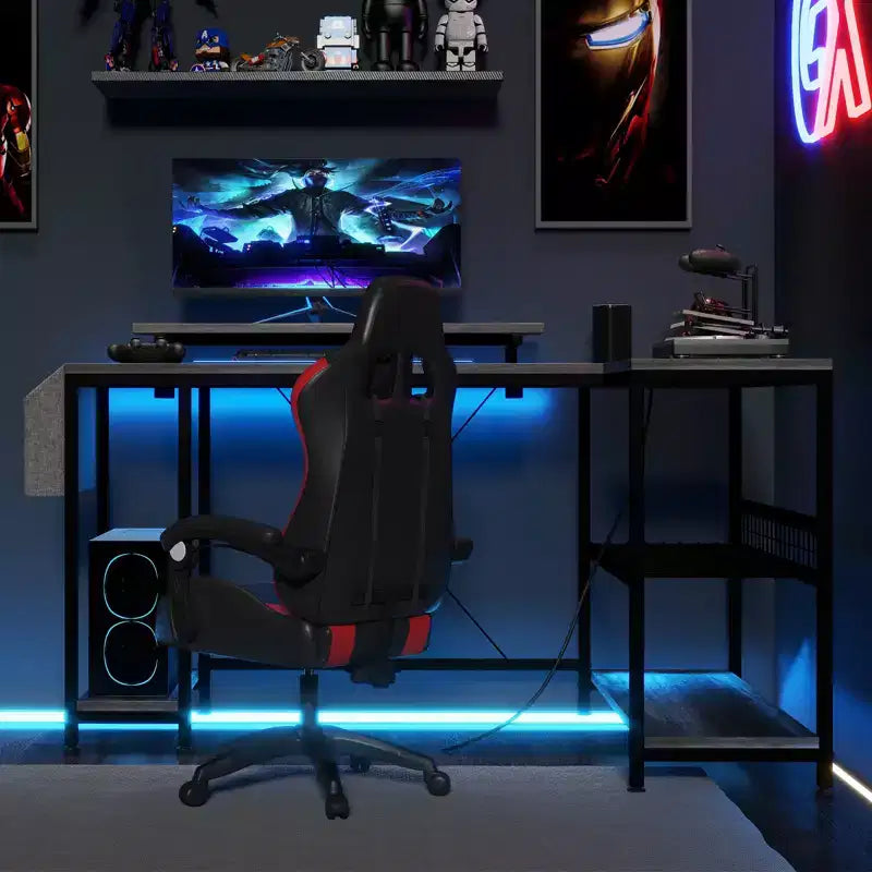 L Shaped Corner Gaming Desk with Lights, Power Outlet & Storage, Small Computer Desk with Monitor Stand & Storage Shelves
