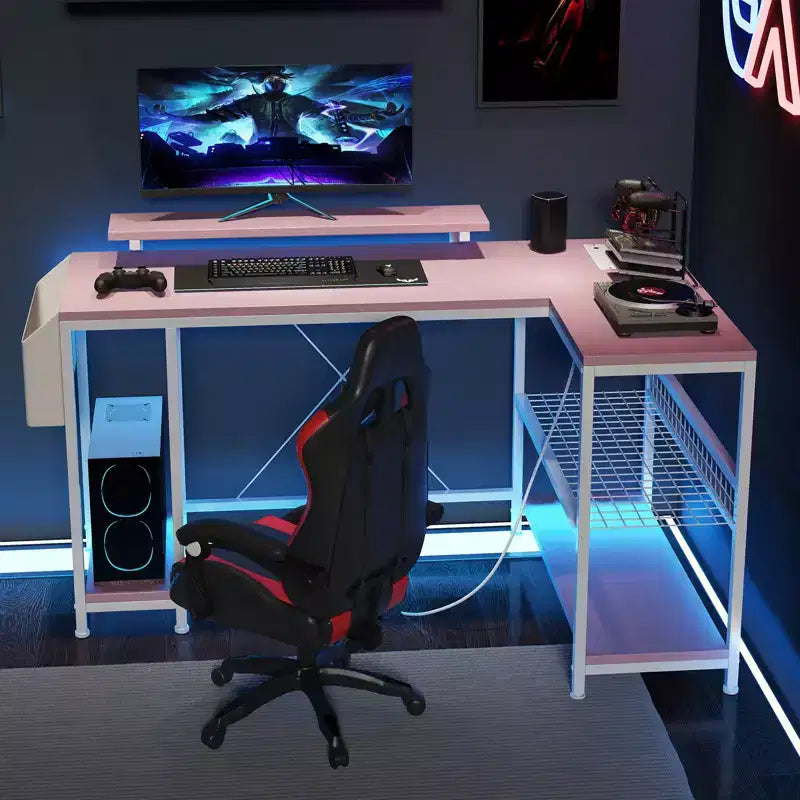 L Shaped Corner Gaming Desk with Lights, Power Outlet & Storage, Small Computer Desk with Monitor Stand & Storage Shelves