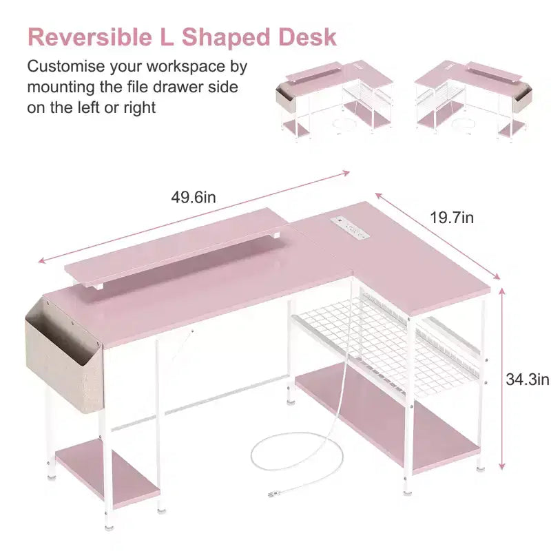 L Shaped Corner Gaming Desk with Lights, Power Outlet & Storage, Small Computer Desk with Monitor Stand & Storage Shelves