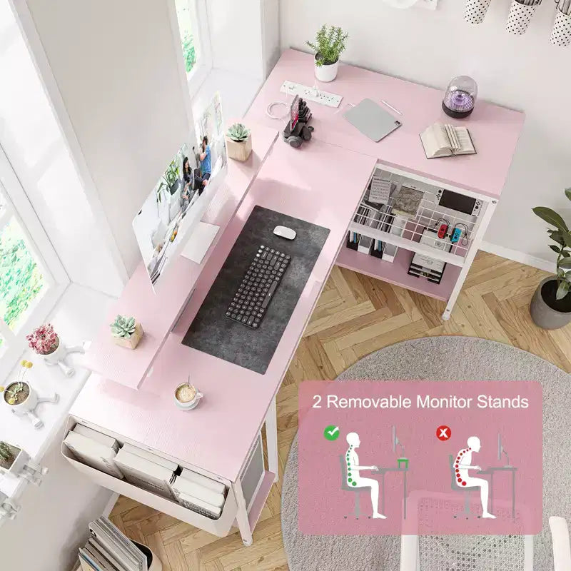 L Shaped Corner Gaming Desk with Lights, Power Outlet & Storage, Small Computer Desk with Monitor Stand & Storage Shelves