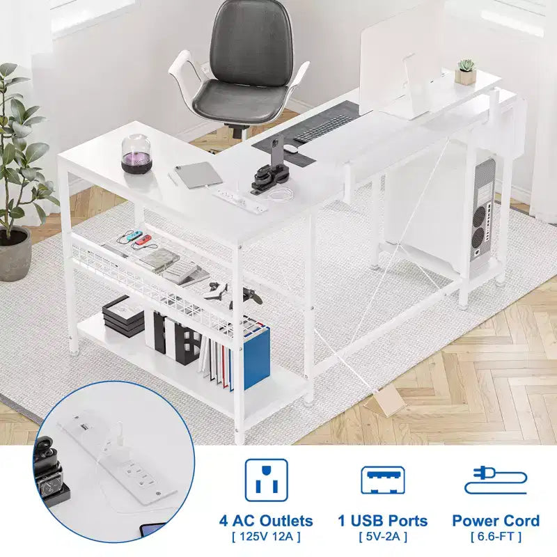 L Shaped Corner Gaming Desk with Lights, Power Outlet & Storage, Small Computer Desk with Monitor Stand & Storage Shelves