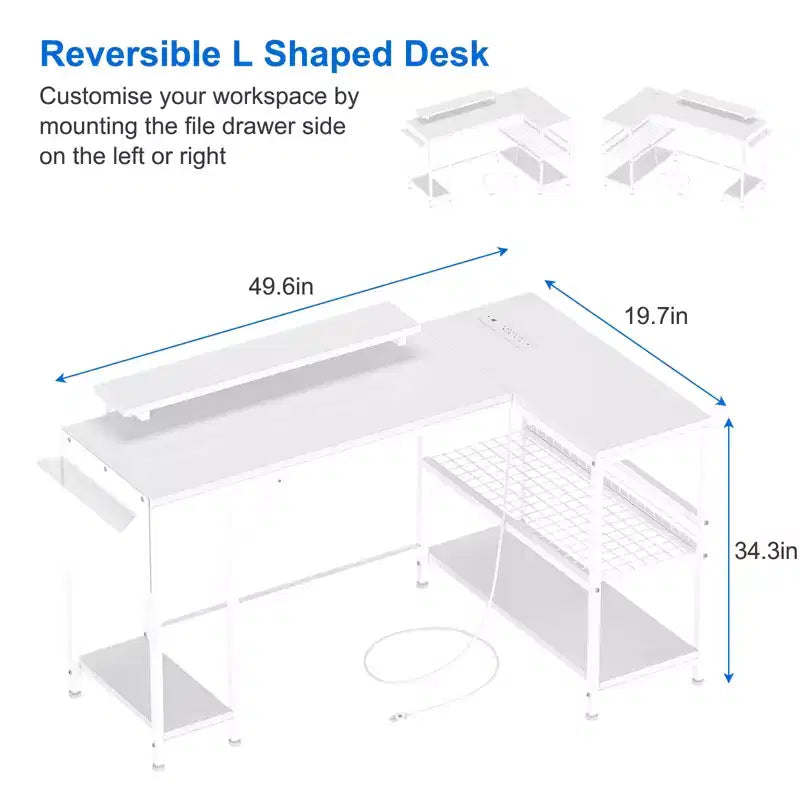 L Shaped Corner Gaming Desk with Lights, Power Outlet & Storage, Small Computer Desk with Monitor Stand & Storage Shelves