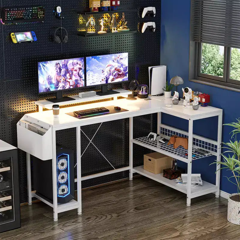 L Shaped Corner Gaming Desk with Lights, Power Outlet & Storage, Small Computer Desk with Monitor Stand & Storage Shelves