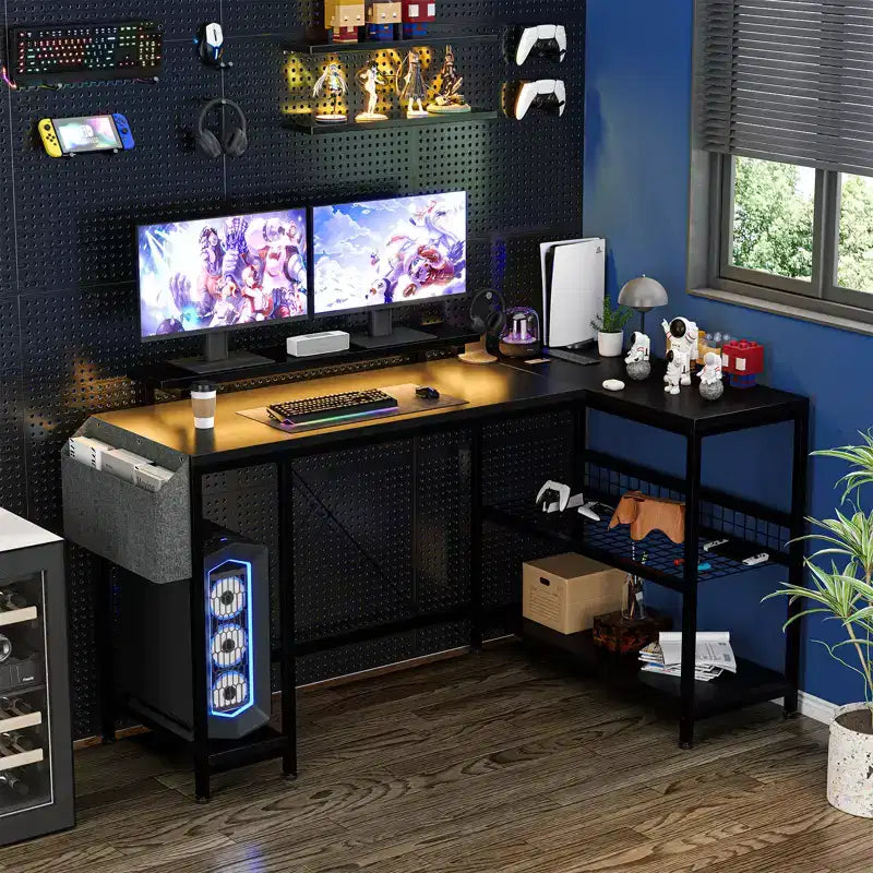 L Shaped Corner Gaming Desk with Lights, Power Outlet & Storage, Small Computer Desk with Monitor Stand & Storage Shelves