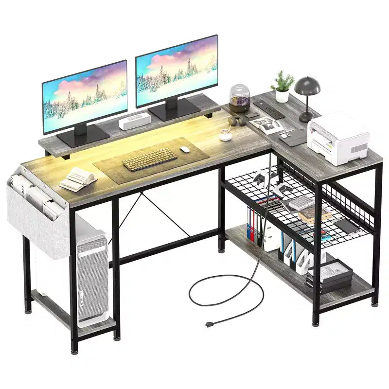 L Shaped Corner Gaming Desk with Lights, Power Outlet & Storage, Small Computer Desk with Monitor Stand & Storage Shelves