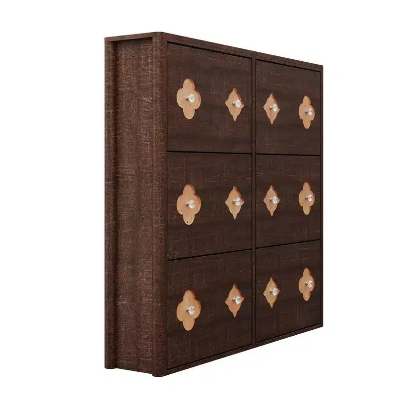 Wooden Shoe Cabinet with 6 Flip Drawers Adjustable Shelves Flower Pattern Diamond Handle Freestanding Slim Storage Organizer for Entryway