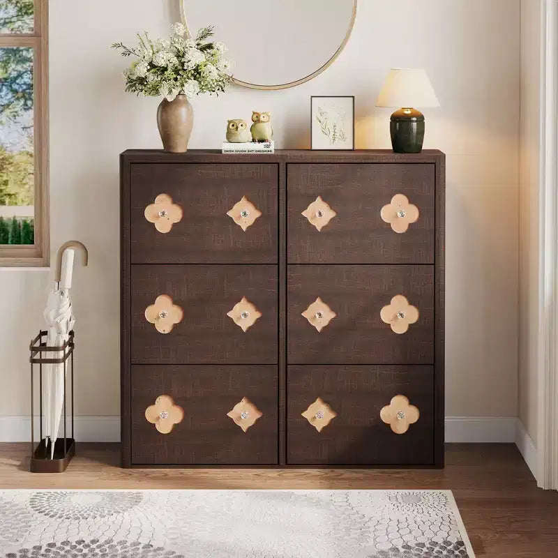 Wooden Shoe Cabinet with 6 Flip Drawers Adjustable Shelves Flower Pattern Diamond Handle Freestanding Slim Storage Organizer for Entryway